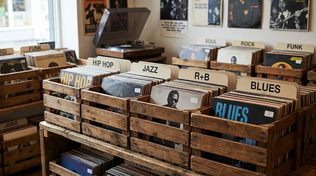 Vinyl records in record crates
