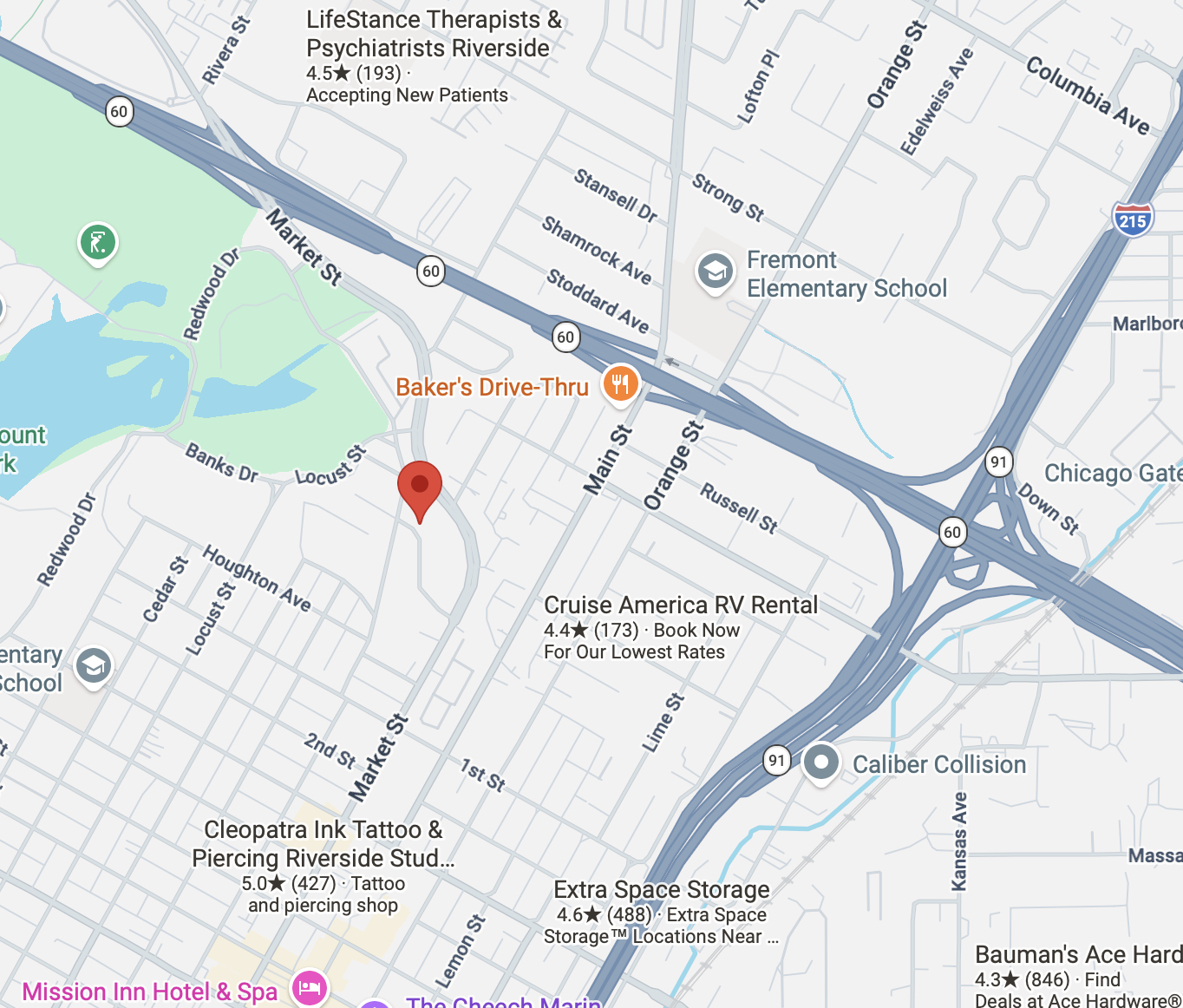 Map showing the location of The Way World Outreach Riverside campus