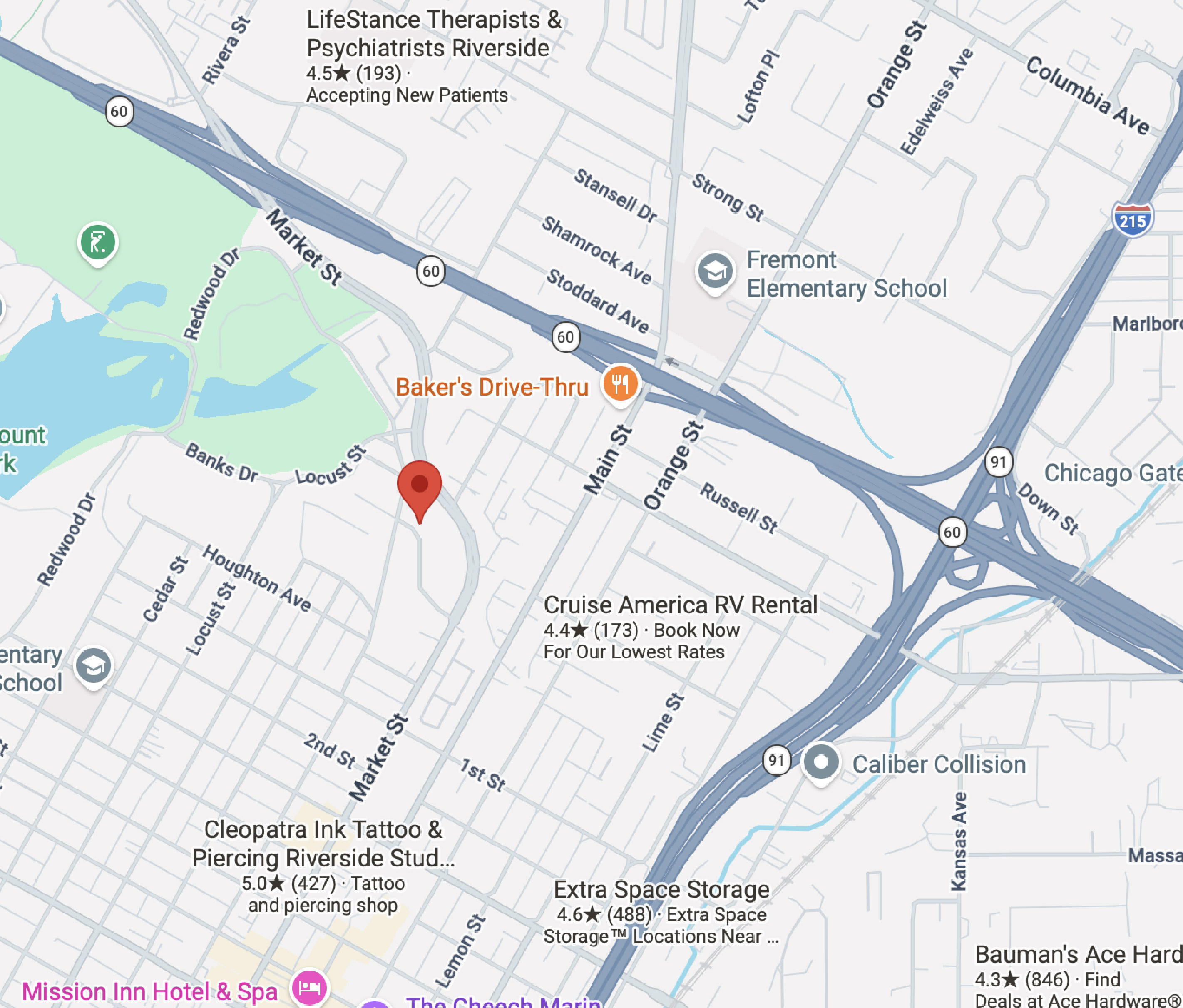 Map showing the location of The Way World Outreach Riverside campus